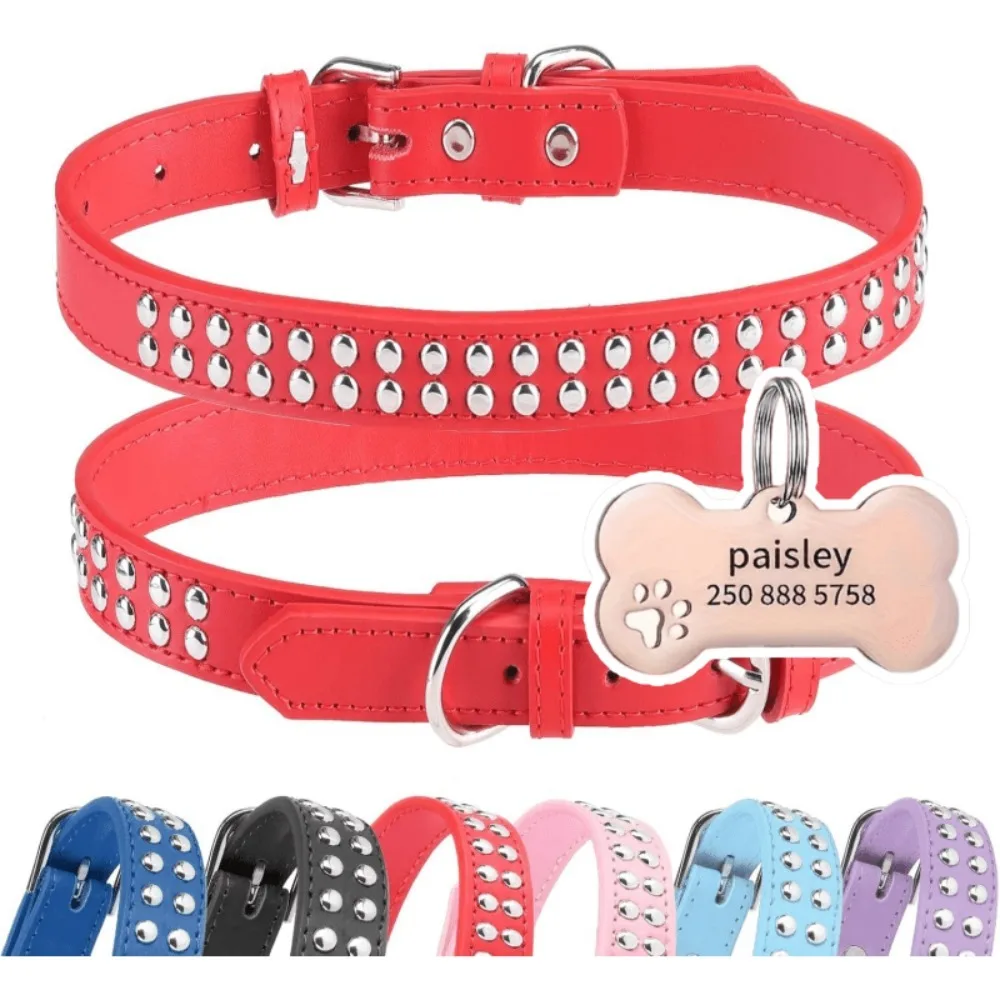 Black Studded Dog Collar with Customizable Bone Name Tag, Anti-Break Pet Collar with Metal Buckle for Small Medium Large Dogs