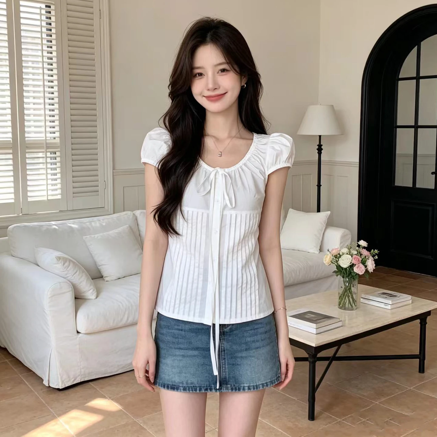 

Korean Style Women's Shirt Summer Thin Short Sleeve Tie Design Elegant Fairylike Top Slimming Effect Commute Friendly Regular...