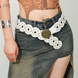 New retro design sense disc punch stitching belt rivets metal buckle PU belt 2024 fashion personality