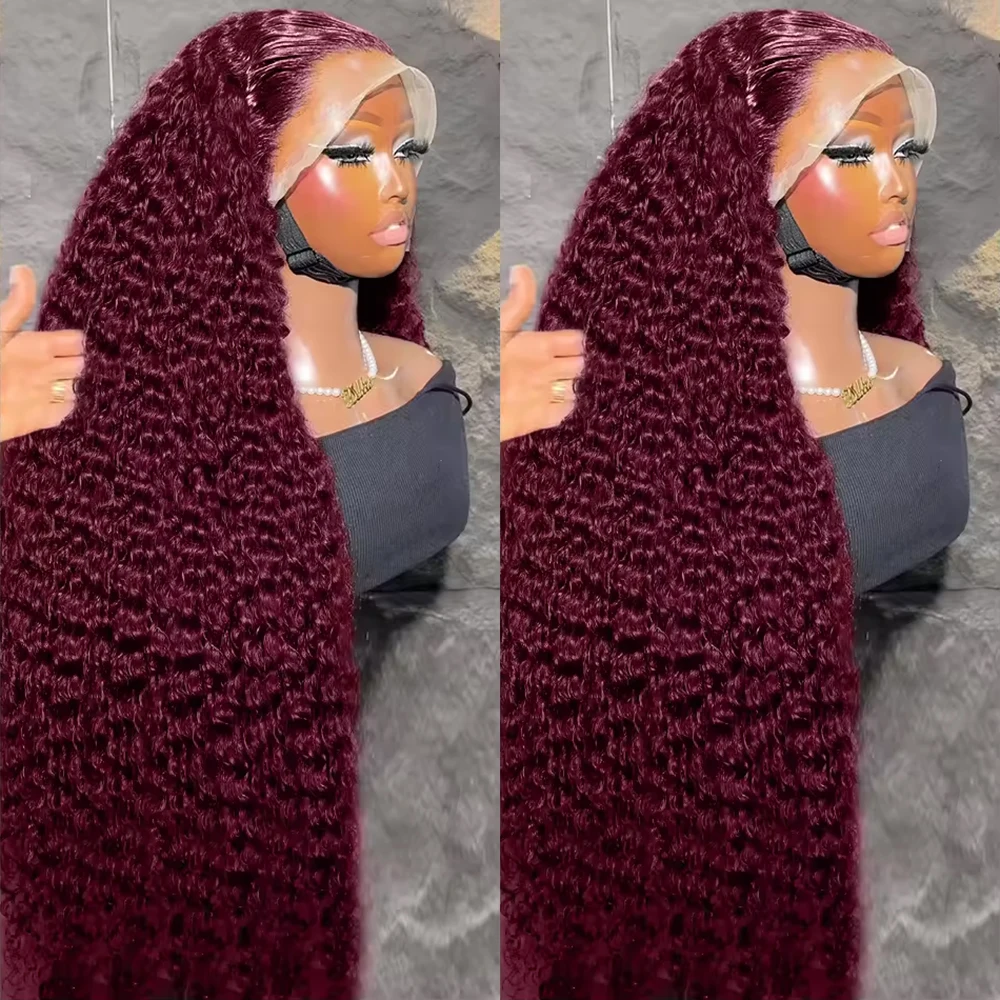 

99J Burgundy Human Hair 13x6 13x4 Lace Frontal Deep Wave Wig For Women Brazilian Curly Wigs Red Colored 7x5 Glueless Wig Pre Cut