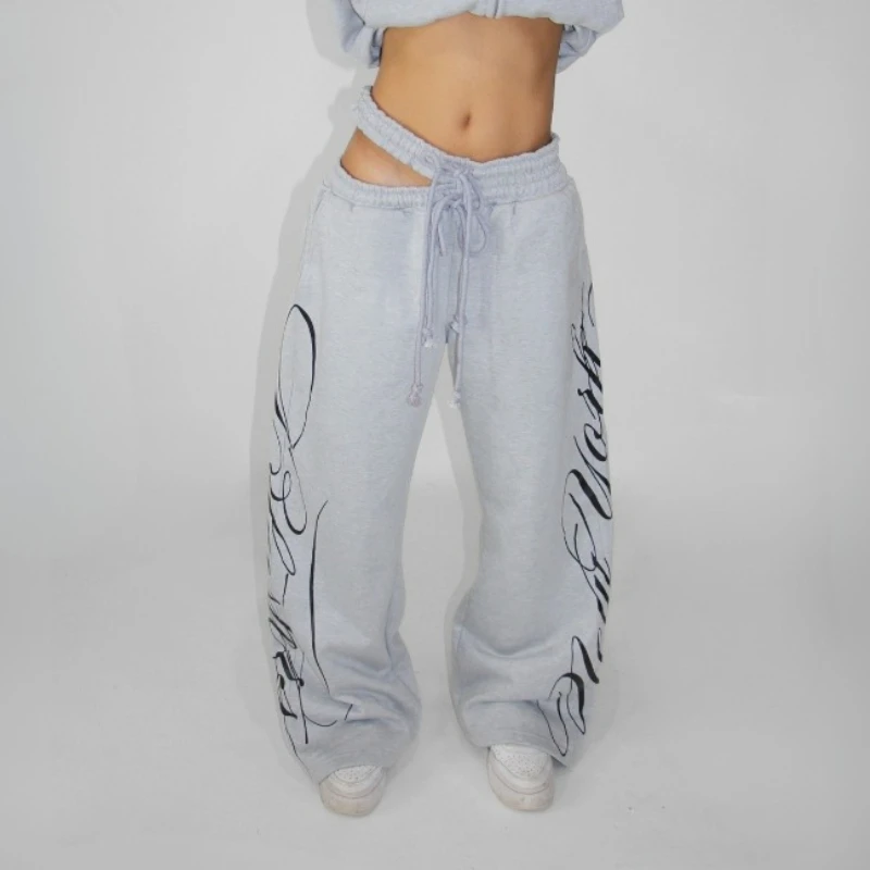 

Y2K Trendy Pants Print Letters Elegant Split Waist Sweats in Gray Wide Leg Pants Retro Art Casual Streetwear Unisex Baggy Pants