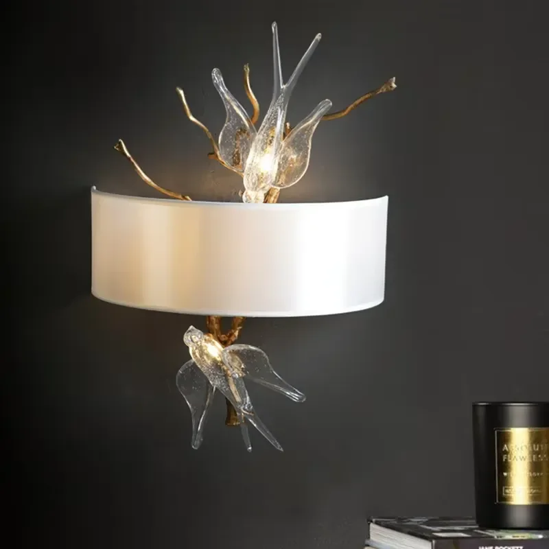 Light Swallow Wall Sconce, Solid Copper Vintage Minimalist Bedside Lamp, Branch & Bird Decorative Lighting for Villa