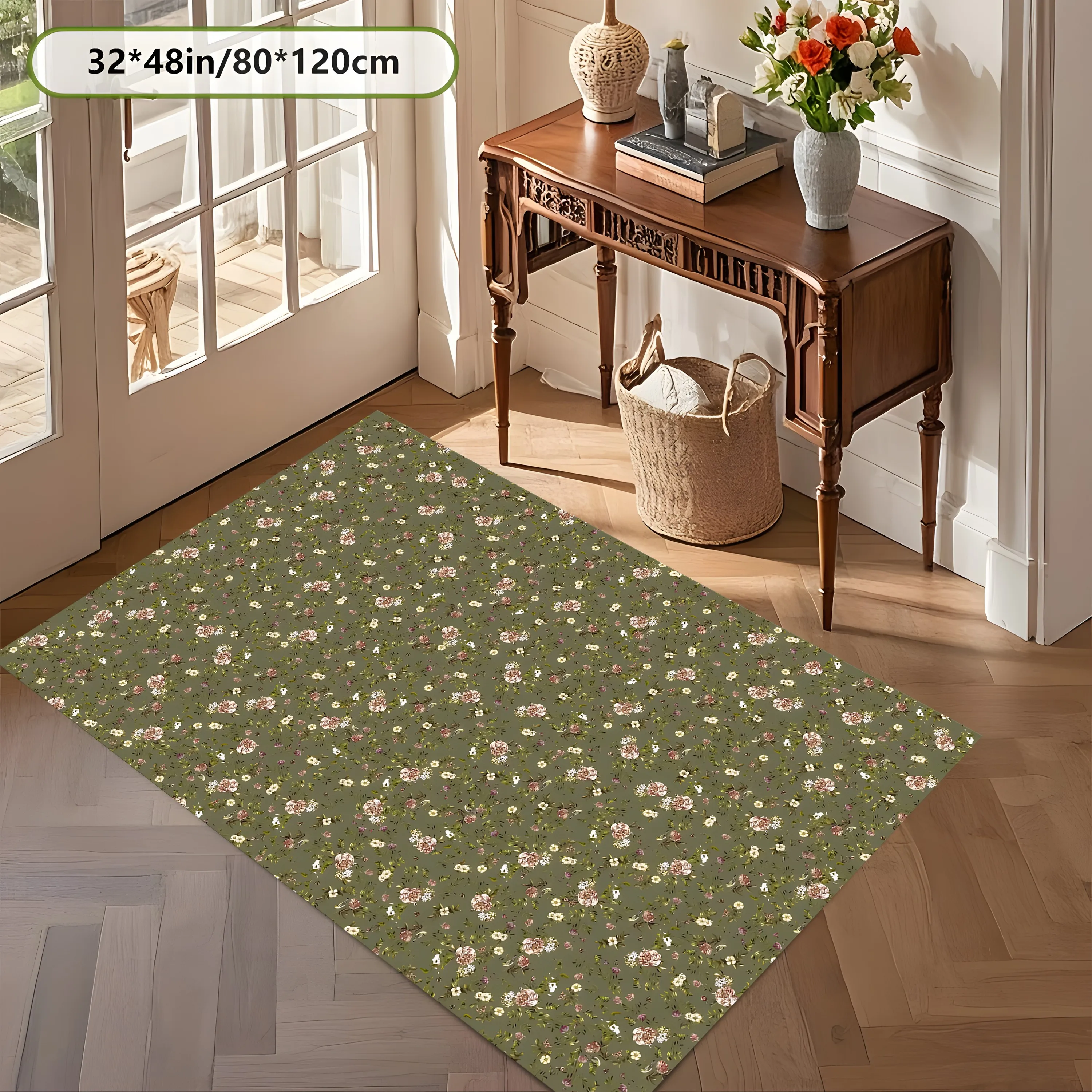 2D Carpet with Green Fresh Small Floral Pattern in Retro Forest Style for Living Room, Bedroom and Bedside