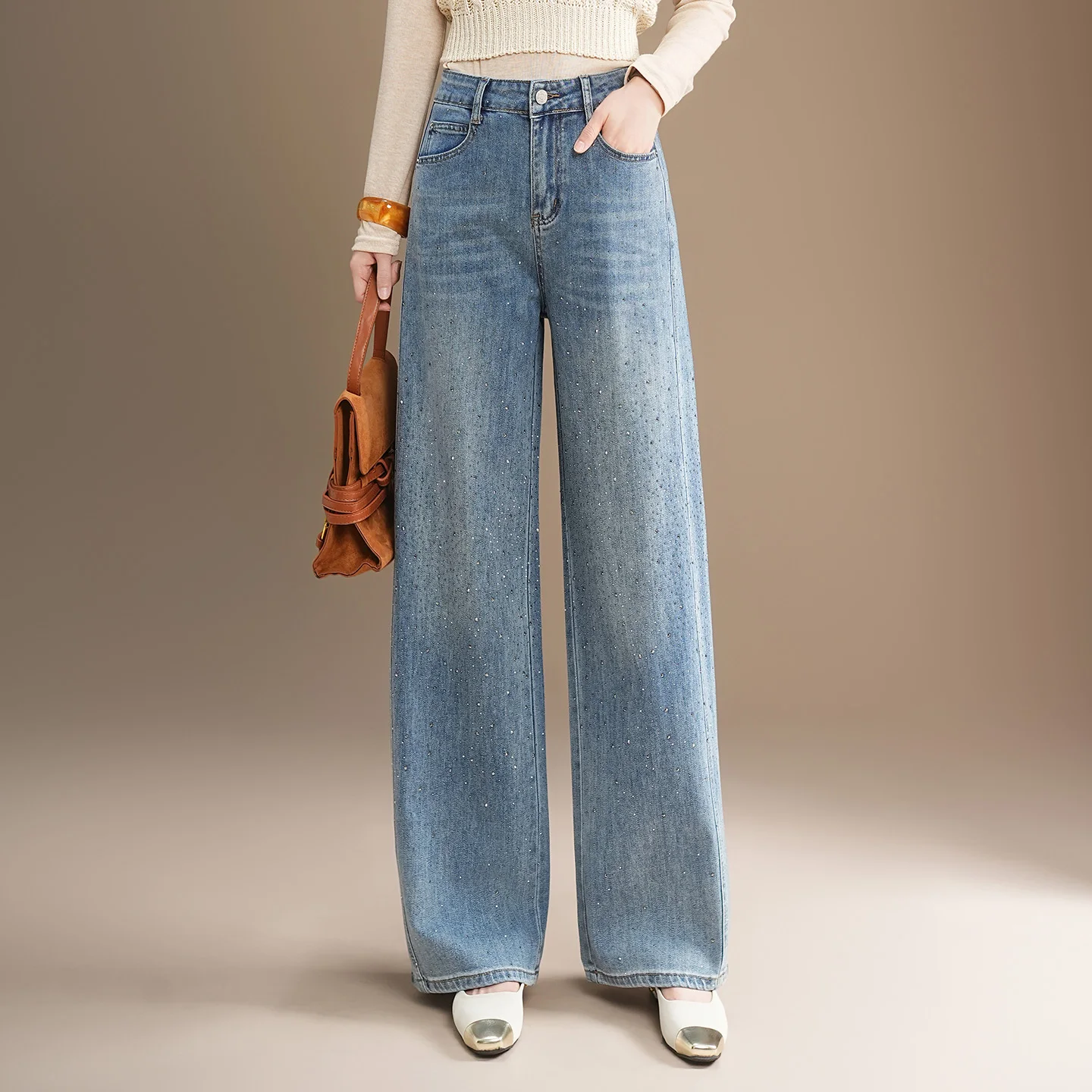 

iny Rhinestone High Waist Straight Leg Jeans Women's Spring New Sle Slimming Wide Leg Knife Pants Casual Cotton Blend