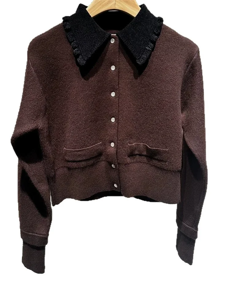 Women's Contrast Color Turn-Down Collar Knitted Cardigan Single-Breasted Slim Fit Female Long Sleeve Sweater Coat Tops