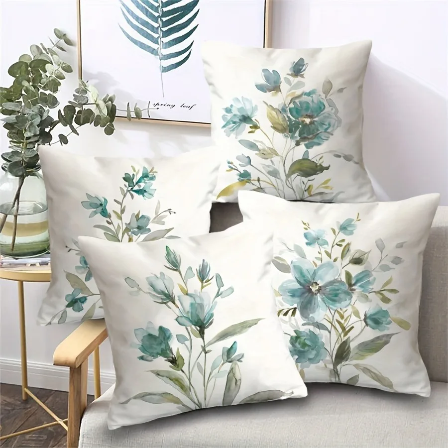 

Наволочка с эфирным бирюзовым акварельным цветочным рисунком - подушка с нежным ботаническим узором для воздушного современного минималистичного домашнего декора