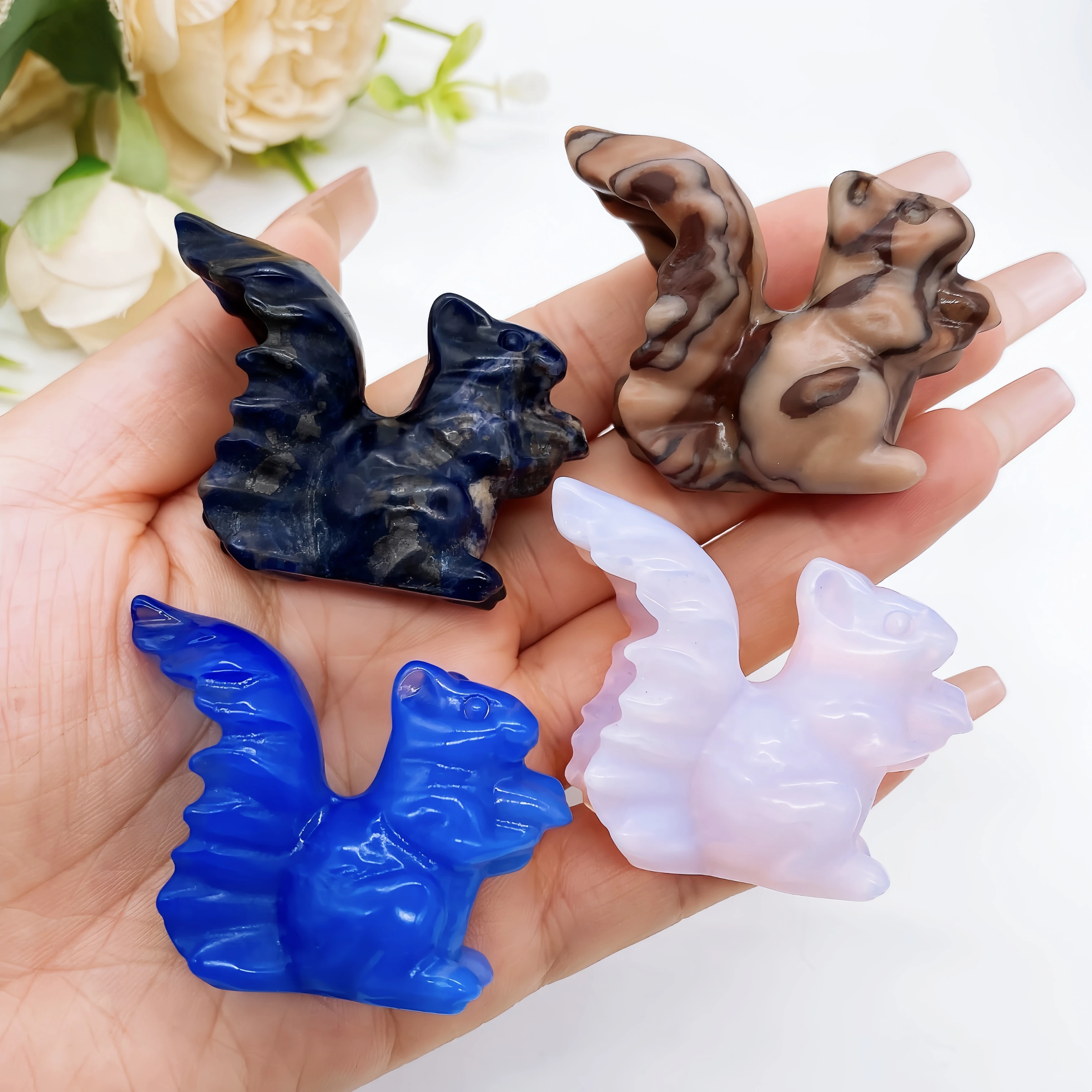 

50mm Natural Strawberry Quartz Opalite Squirrel Carved Crystal Stone Reiki Healing Animal Handcraft Gemstone Home Decor Gift