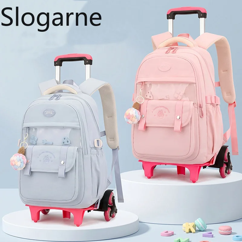 Children School Backpack Trolley Bag with Wheels Students Backpack Book Bag Rolling School Bag for Girls Kids Wheeled Backpack