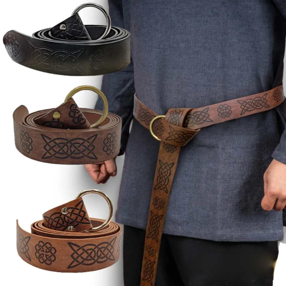 

Cosplay Casual Retro Viking Vegvisir Pants Bands O Ring Buckle Waistband Medieval Embossed Leather Belt Knight Belts