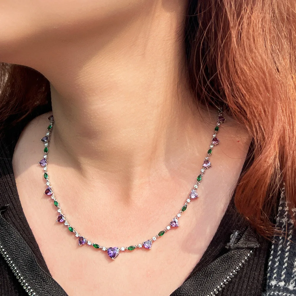 CWWZircons Heart Shape Purple Green Cubic Zirconia Choker Chain Link Tennis Necklace for Women Summer Party Jewelry Gift CP111