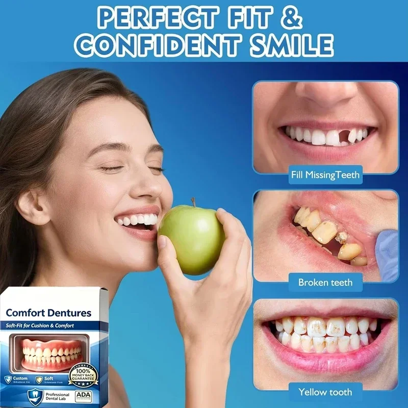 Full Set Silicone Dentures Upper & Lower Natural Fake Teeth Comfort Fit Instant Confidence Smile Oral Care Appliance Men Women