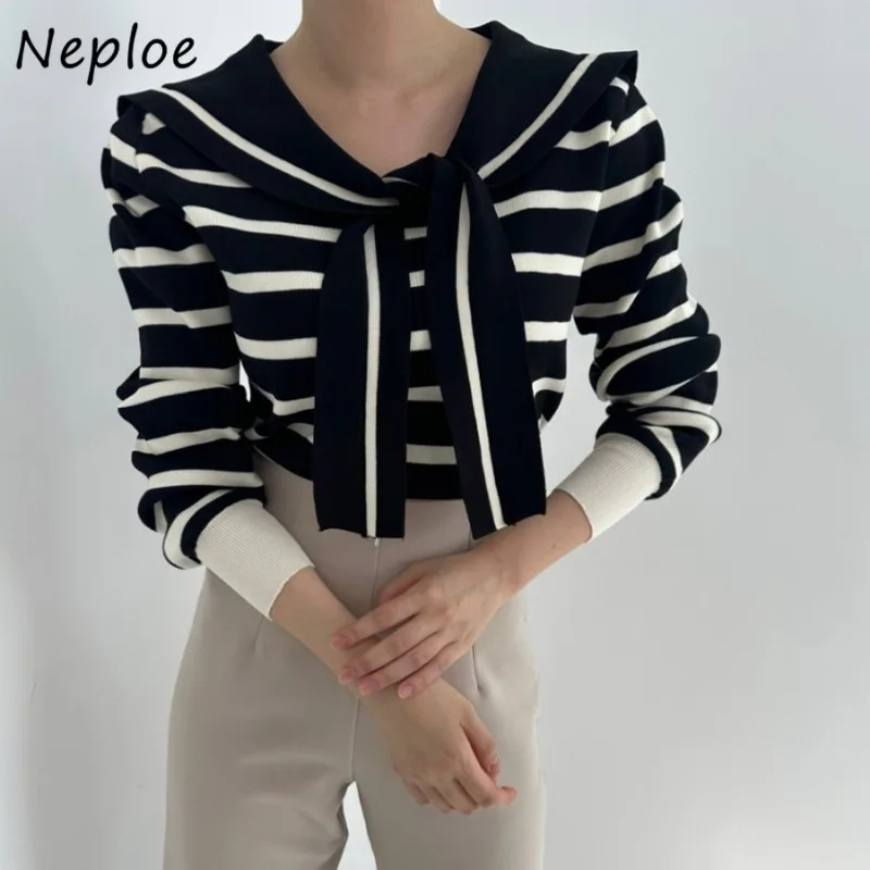 Neploe 2024 Autumn Handsome Navy Style Lapel Tie Design Pullovers Femme Striped Elastic Slim Fit Long Sleeve Knitted Sweater