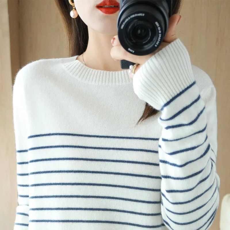 100% Cotton Knitted Sweater Women\'s Sweater Striped Color Matching Round Neck Large Size Loose Temperament Long Sleeve Bottoming