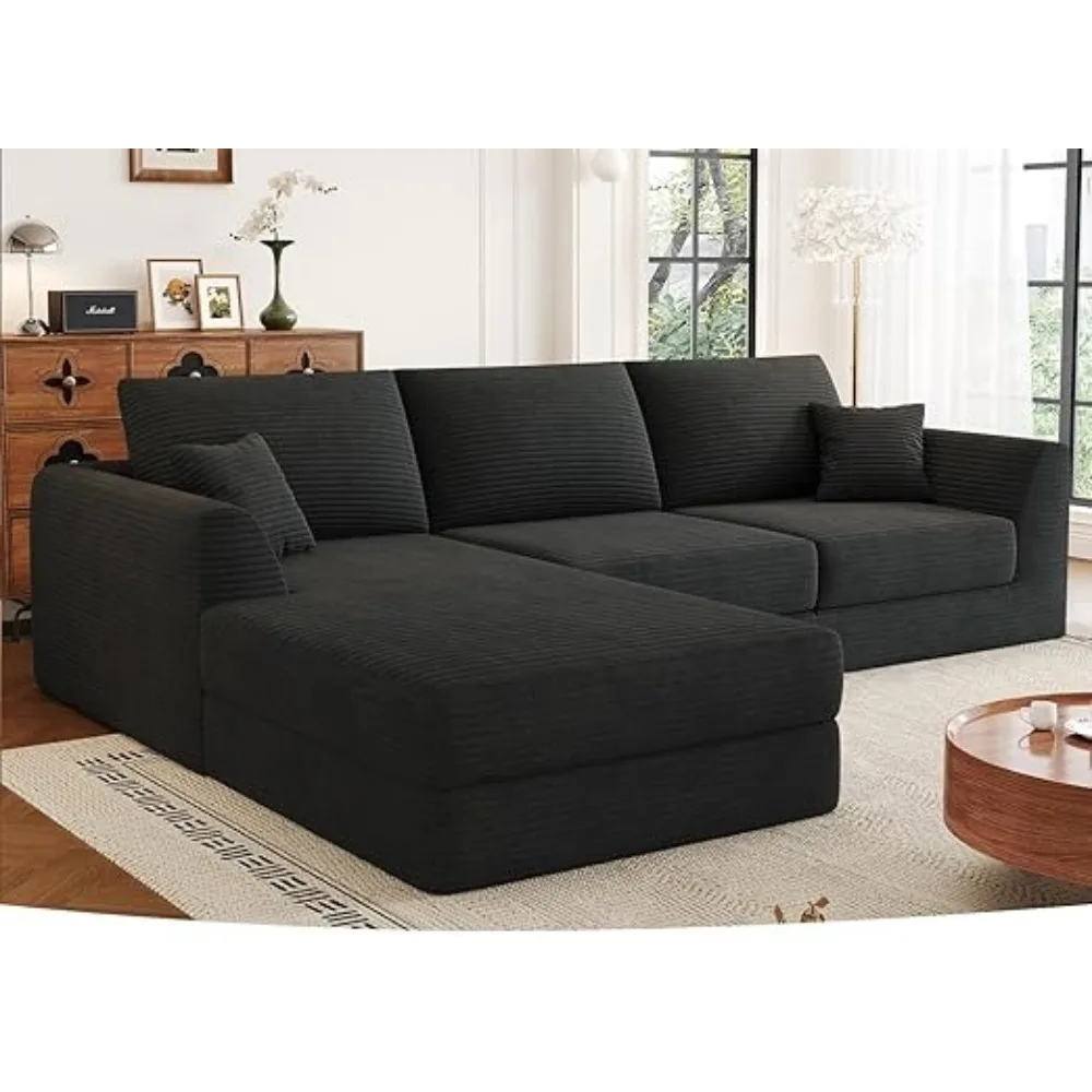 

106" ular Sectional Soa with Reversible Chaise, Black Corduroy L-Shaped Cloud Couch or Living Room Aparent, 3-Piece Set, No Asse
