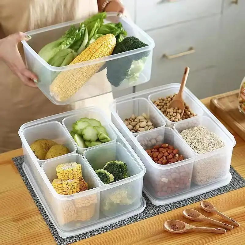 

1PC Refrigerator Storage Box With Lid Food Storage Container Snack Box 4 Compartment Snack Containers Fruit Storage Containers