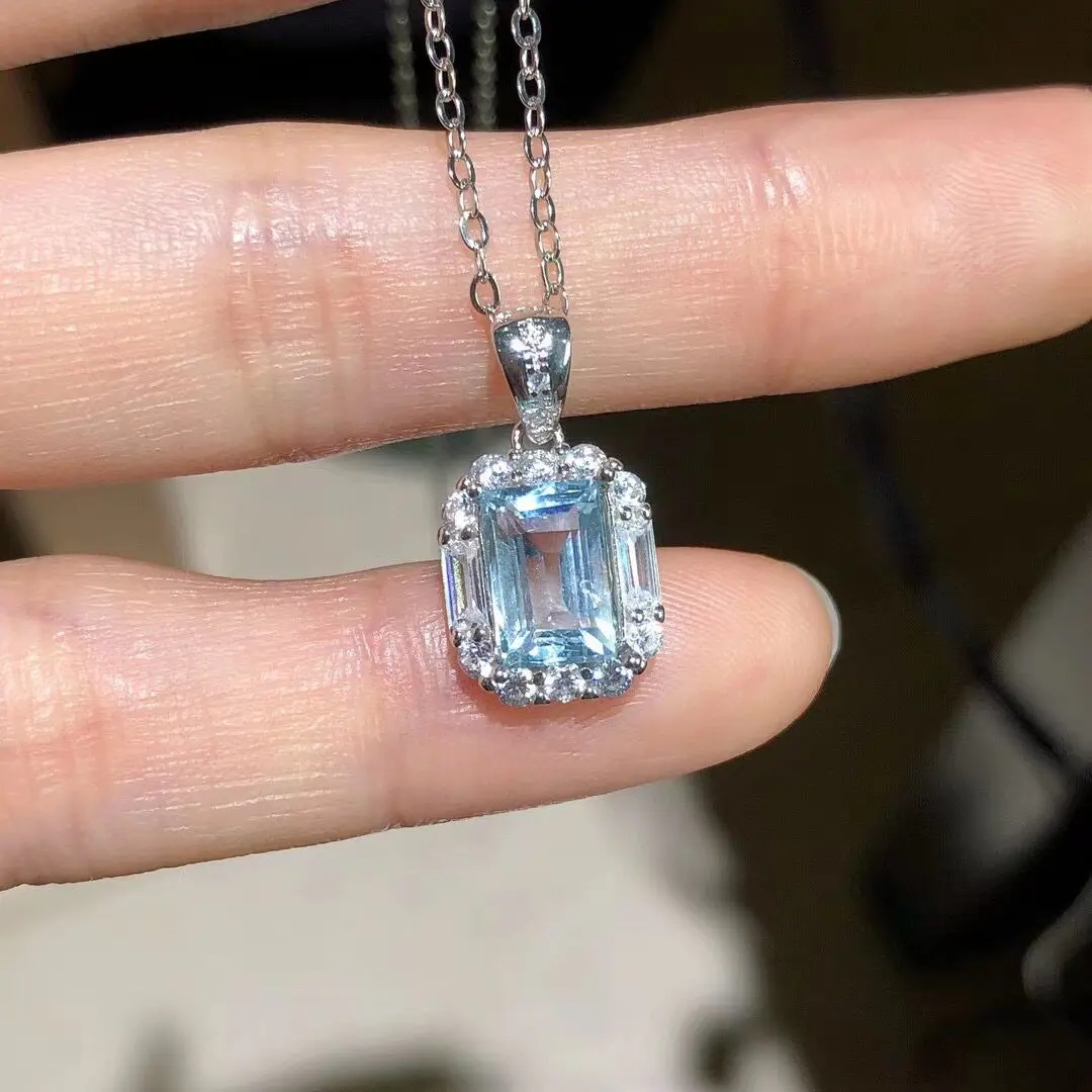 Natural Aquamarine Necklace Pendant Gift for Wife  Aquamarine Pendant 6mm*8mm for Office Woman Solid 925 Silver  Gift