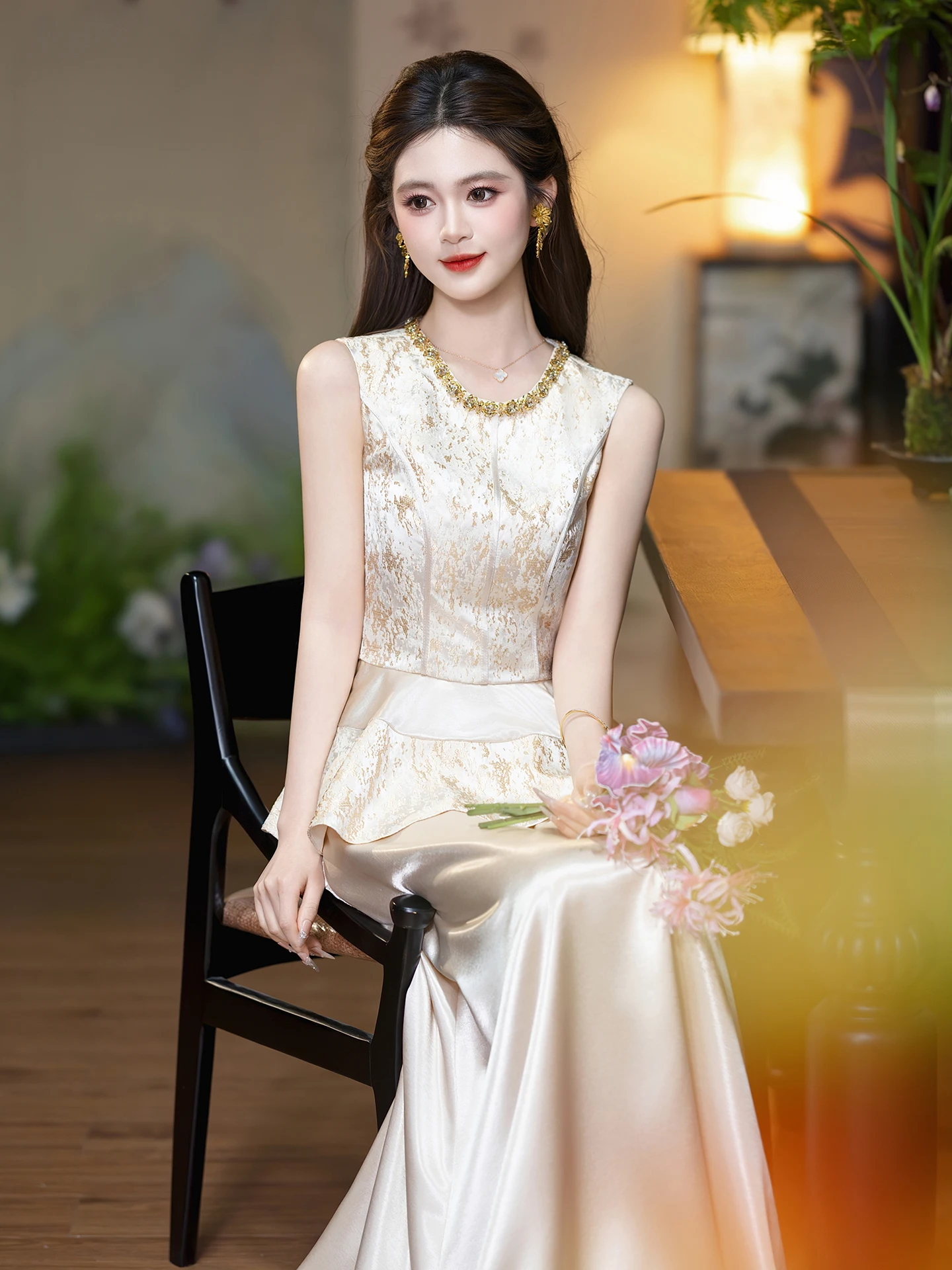 

Свадебное платье в китайском стиле цвета шампанского золота, комплект из двух предметов, атласное вечернее платье, свадебное платье, платье для помолвки и торжеств