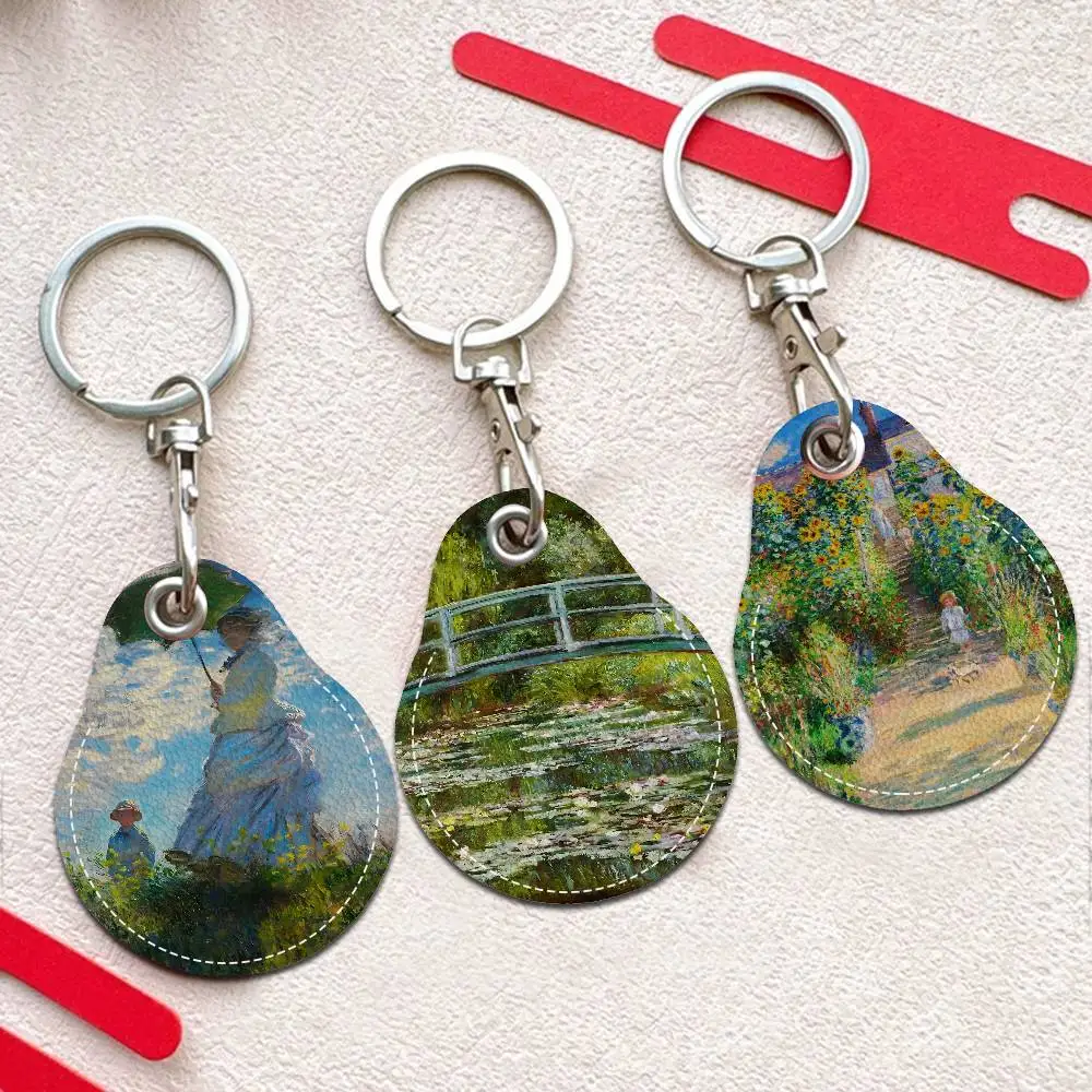 C-claude Monet Key Fashion PU Water Shape Keychain Women Car Key Holder Home Key Ring Charm Bag Car Pendant Gift