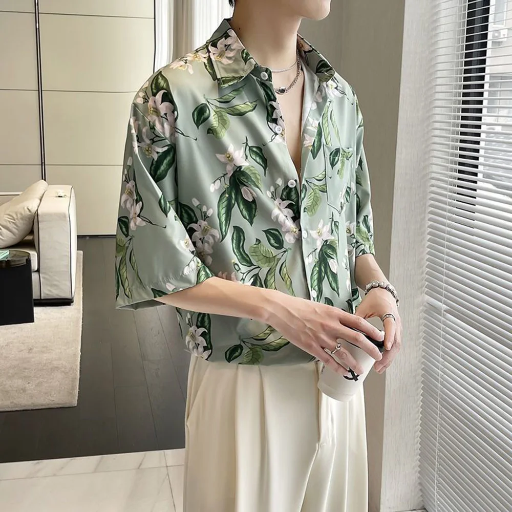 Mens Y2k Casual Flower Print Five-Point Sleeve Shirt Fashion Daily Breathable Ice Silk Flower Versatile Thin Top 2024 Summer