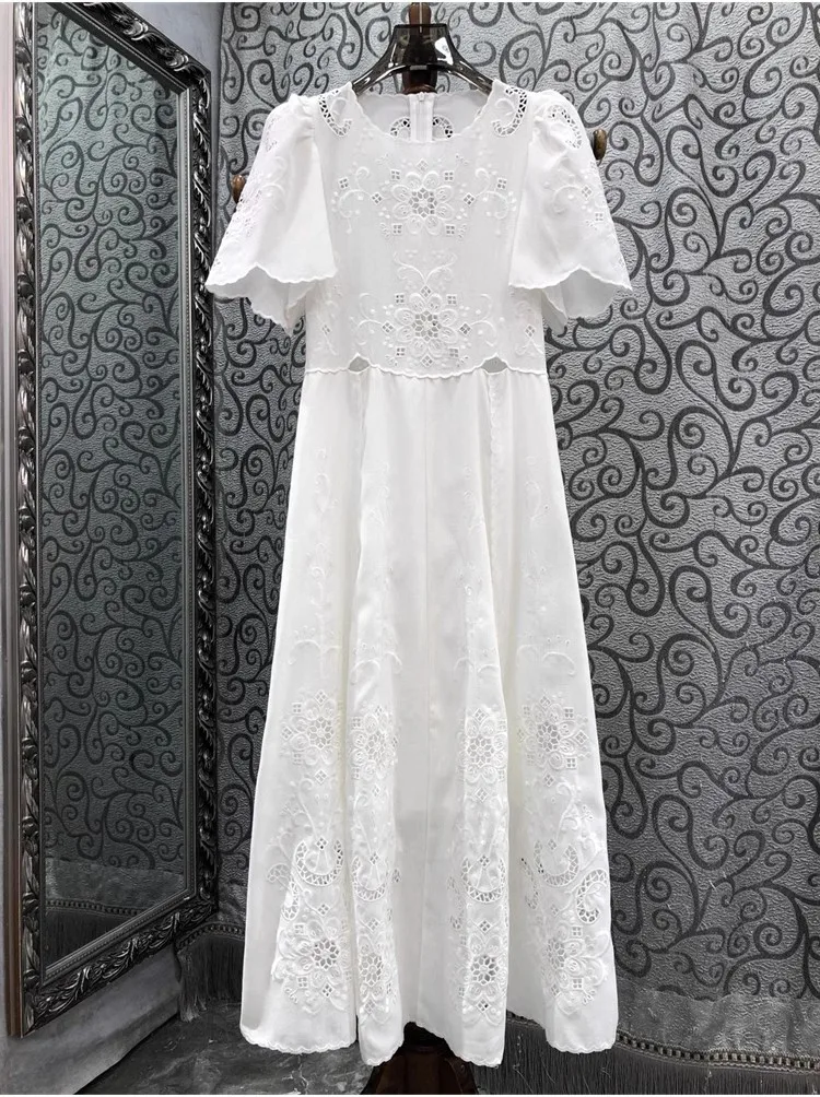 Top Quality Summer Dress 2024 Fashion Design Women Exquisite Embroidery Short Sleeve Long White Black Maxi Dress Cotton Linen