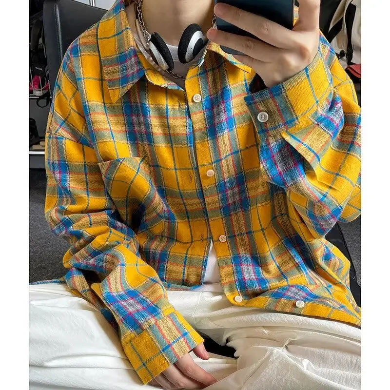 2026 Spring Autumn Men's Plaid Long Sleeve Shirt American Style Casual Turn Collar Shirts For Men Jacket
