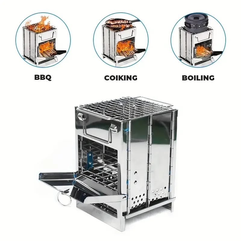 ​ ​ موقد حطب صغير محمول من الفولاذ المقاوم للصدأ - موقد للتخييم والشواء المدمج ​ ​