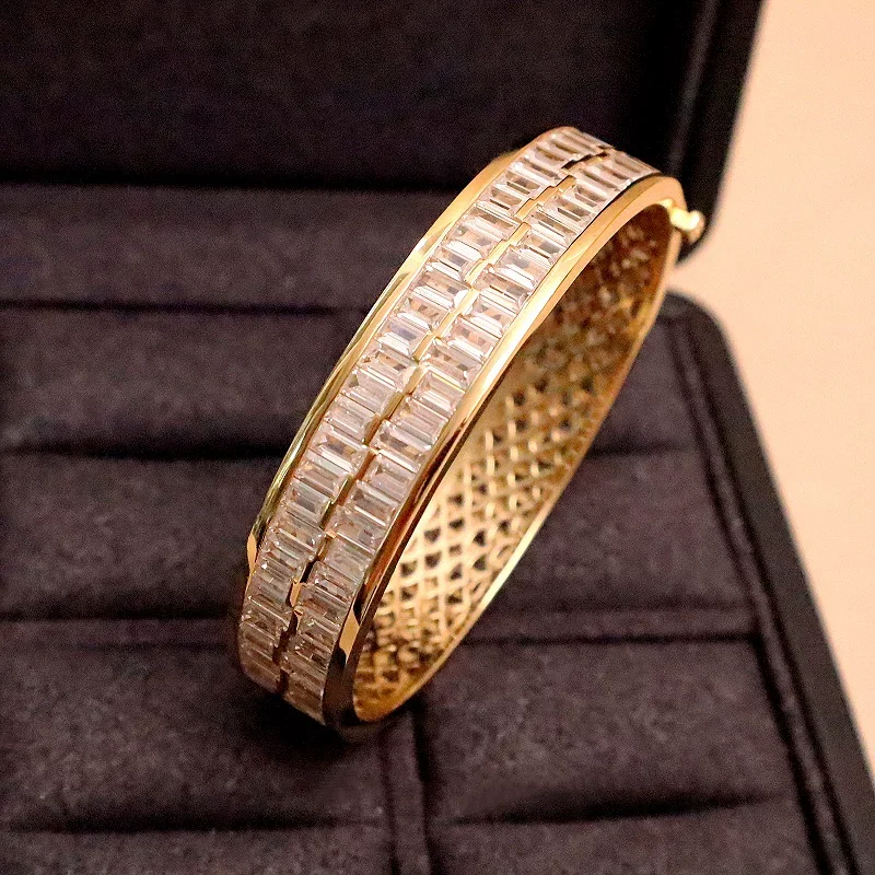 Bellux piano bracelet wide version exaggerated square diamond rock sugar 925 silver gold-plated light luxury gold bangle