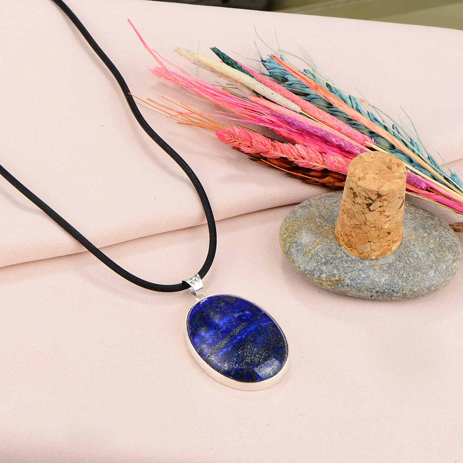 

Natural Lapis Lazuli Pendant , Lapis Necklace with Rubber Necklace , Handmade 925 Sterling Silver Lapis Pendant , Big Oval Lapis