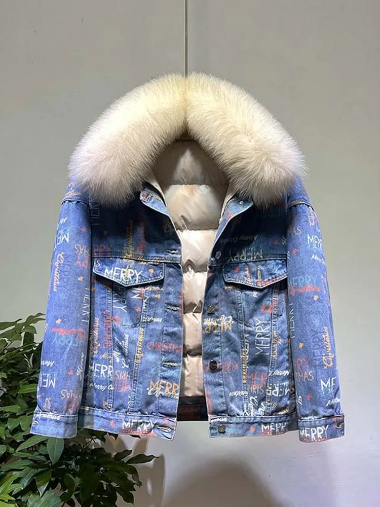 الشتاء النساء الدافئة فضفاضة تناسب أسفل الدنيم سترة الثعلب الفراء طوق واحدة الصدر ملابس خارجية معاطف سميكة مطبوعة سيدة الموضة معطف #3