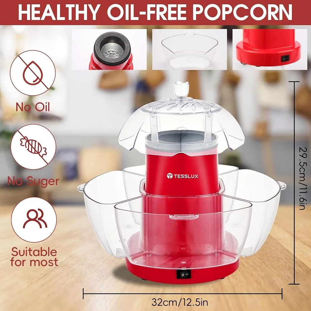 ماكينة صنع الفشار بالهواء الساخن 1200 وات مع 4 أوعية غطاء شفاف لليالي فيلم ظهرت سريعة الفعالة