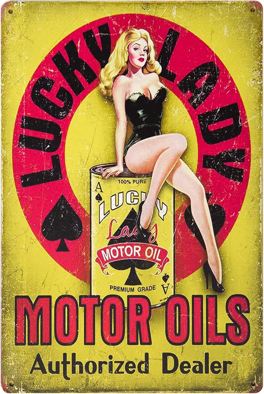 Lucky Lady Motor Oil Gas Service Garage Dealer Pin up Girl Retro Vintage Decor Tin Sign
