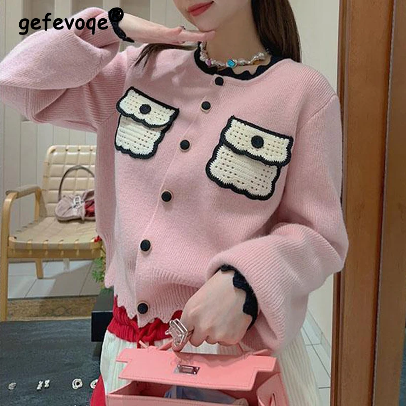 Women Stylish Contrast Color Luxury Chic Button Knitted Cardigan Autumn Winter Y2K Sweet Cute Long Sleeve Soft Outerwear Sweater