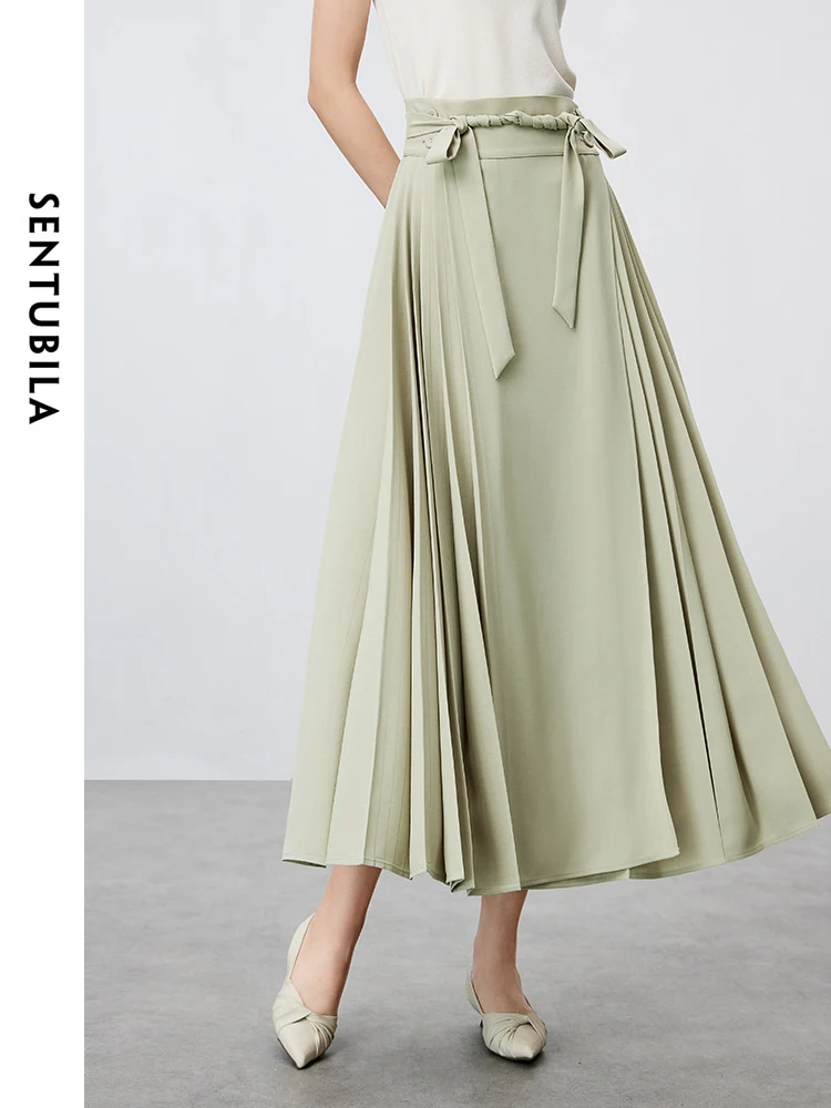 SENTUBILA Women Chinese Horse Face Pleated Skirt 2024 Summer Fashion Light Green Loose Tie Belted Midi Skirt Female 142Q54708