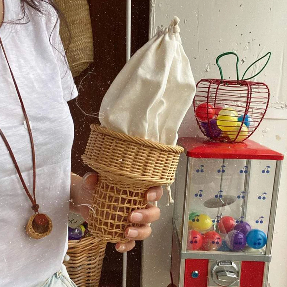 Cute Ice Cream Rattan Bag Handbags Bohemian Wicker Woven Straw Bag Hollow Funny Purses for Women 2022 Shoulder Bags Beach Bags