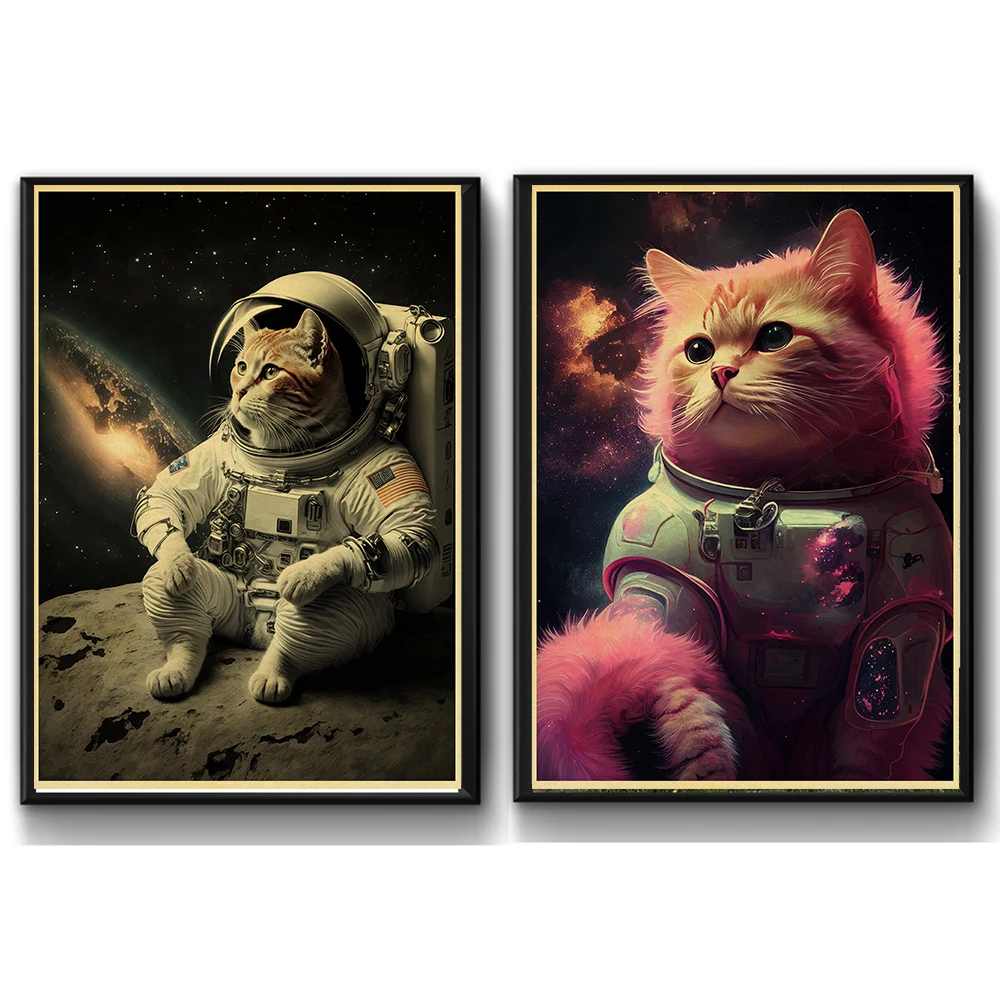 Astronaut Cat Funny Poster Vintage Wall Chart Prints and Posters Home Living Bed Room Decor Art Bar Cafe Frameless Wall Painting