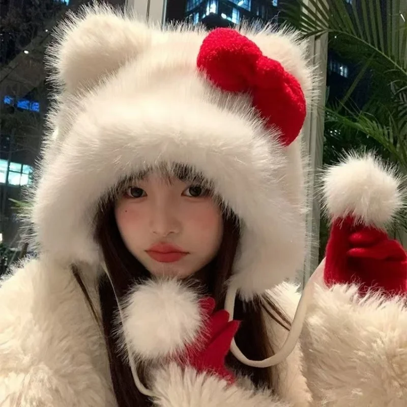 Kawaii Hello Kitty Plush Hat Anime Sanrio Warm Hat Y2K Cartoon Bow Winter Warmth Cap Antifreeze Ear Windbreak Cap Christmas Gift