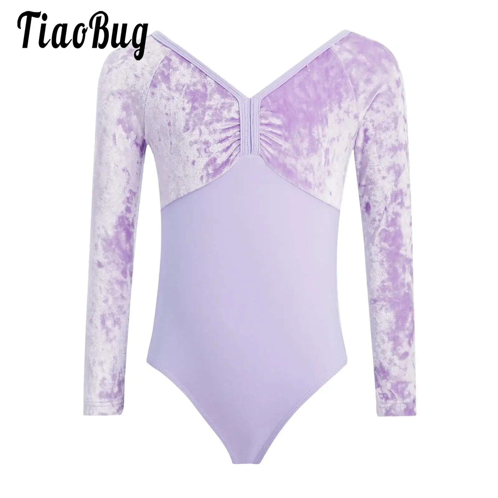 

Kids Girls Ballet Velvet Patchwork Leotards Dance Costume Rhythmic Gymnastics Jumpsuits Dancewear Long Sleeve Ruched Bodysuits