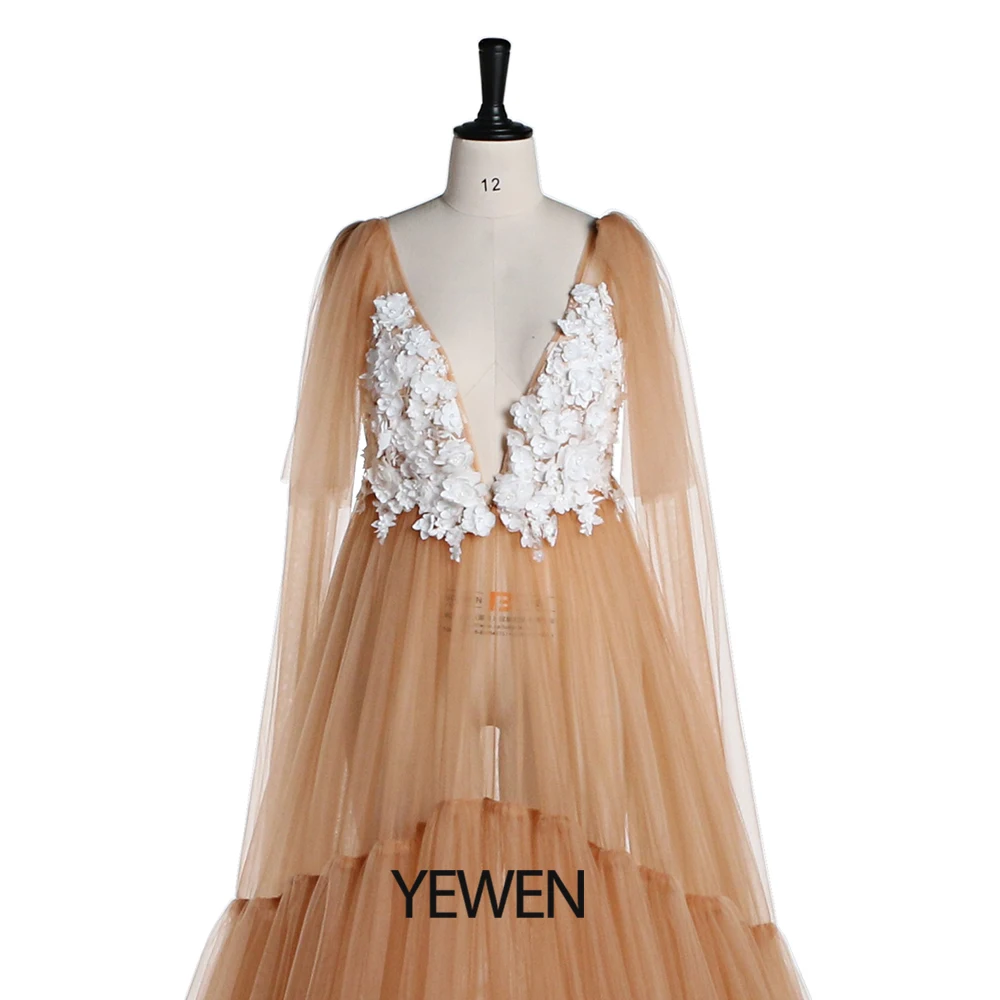 ดอกไม้ Tulle Beach ชุดราตรียาวลึก V คอด้านหน้าเปิดคลอดบุตรชุดสำหรับถ่ายภาพ YEWEN YD21624