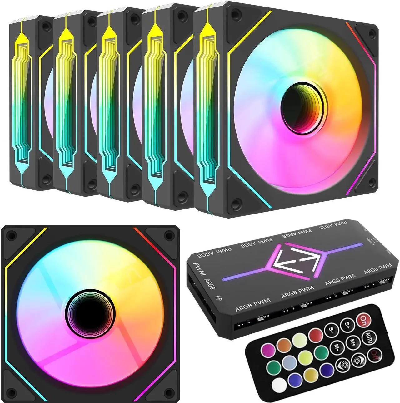 

RGB Fans:6 pack 120mm PWM ARGB Case Fan with Fan Hub and Remote,Speed Control,PWM Control Fan for Computer Case