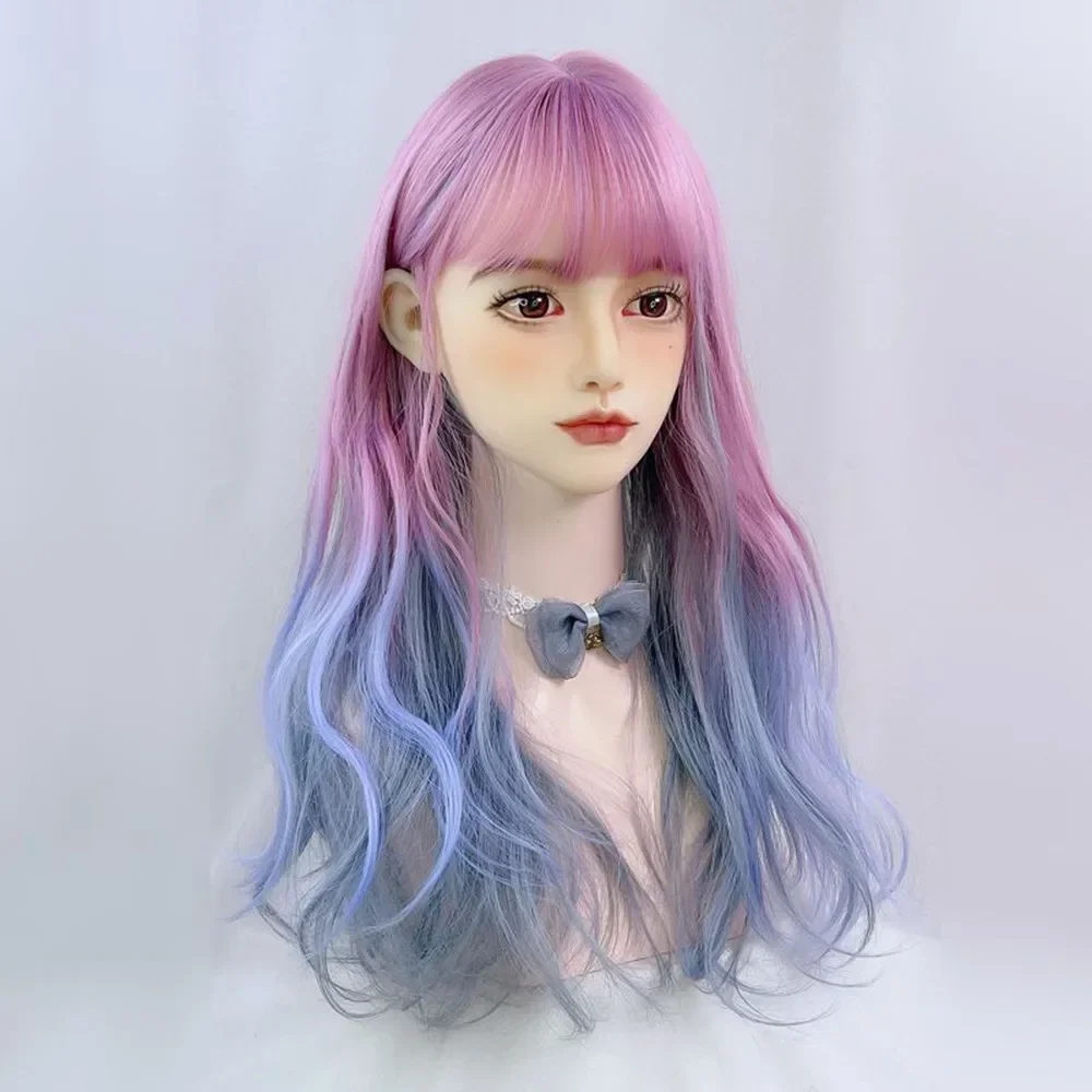 Synthetic Wig Gradient Starry Sky Purple Blue Long Curly Women Simulation Fluffy Air Bangs Lolita Full Head Cover