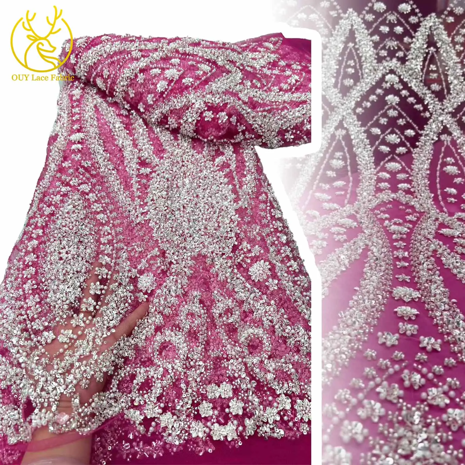 

2025 Elegant African Nigerian Fashion Beaded Lace High-end Luxury French Sequins Mesh Lace Fabric Women's Evening Dress Party 5Y