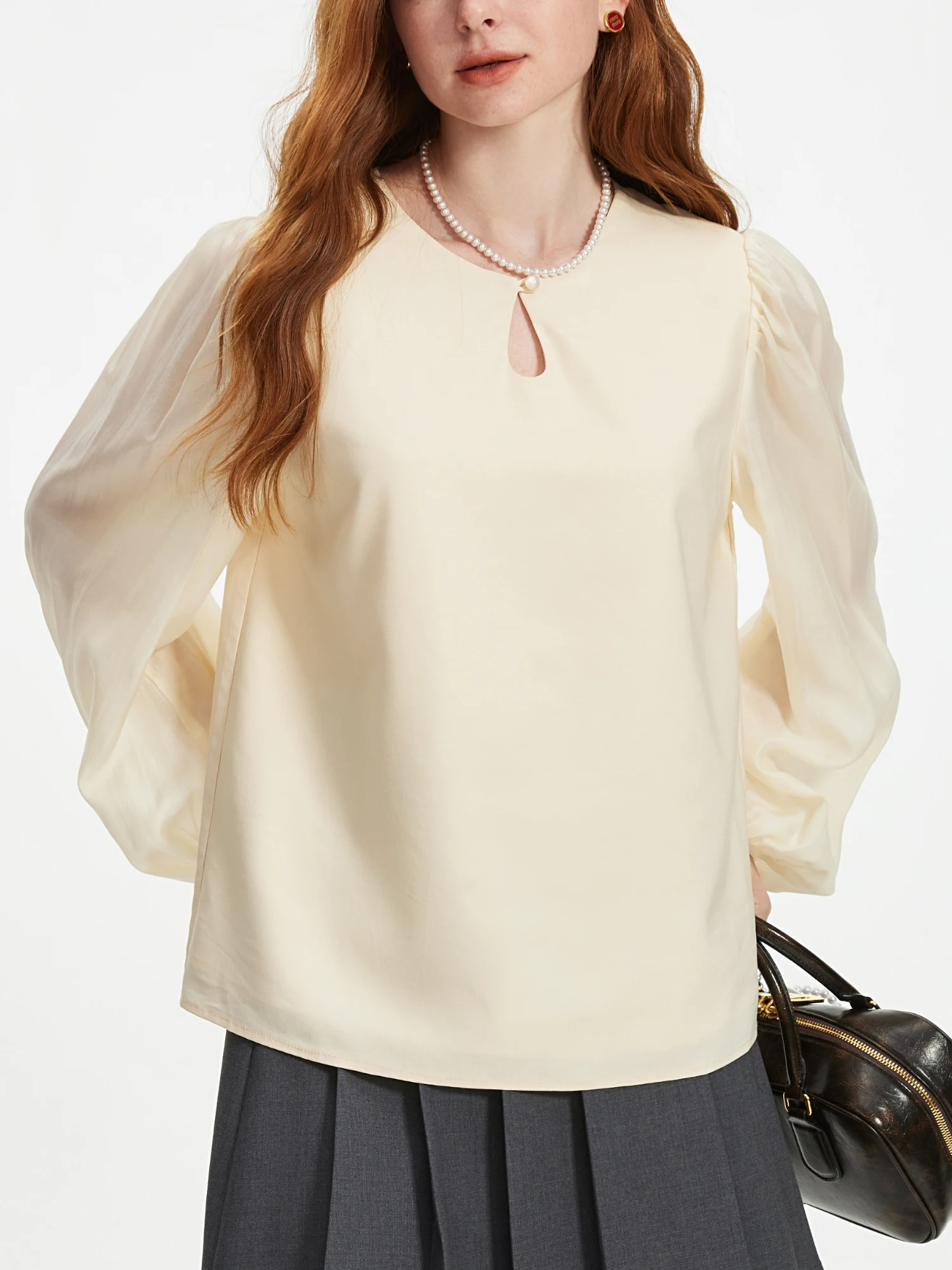 FSLE Women Lantern Sleeve Gentle Blouses Autumn Female Round Neck Long Sleeve Shirt Neckline Hollow Out Design Tops 24FS13361