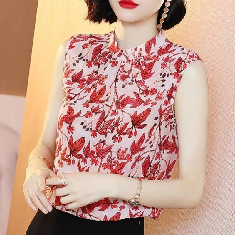 2024 New Summer Korean Commuting Minimalist Fashion Slim Fit Blouses Sleeveless Standing Neck Printed Button Women\'s Shirt Top