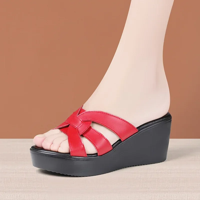 6cm Small Size 32-43 Soft Leather Slides Summer Wedges Shoes 2024 Med Heels Platform Slippers Women for Office Mom Beach