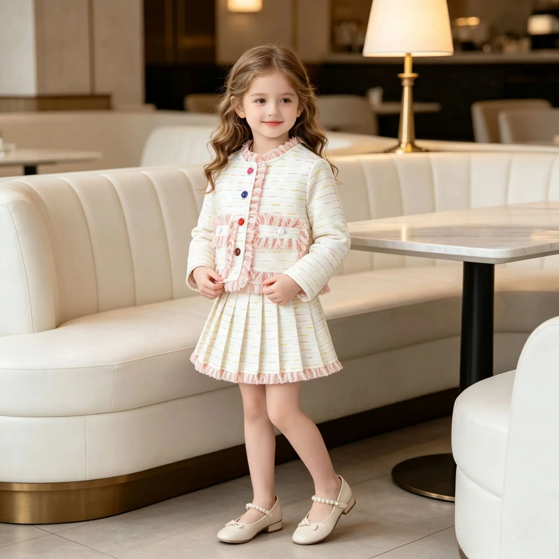 Toddler Girls Cream Tweed 2-Piece Kids Fringe Trim Coat Pleated Skirt Autumn Elegant Little Girls Party Princess Outfit 90-130cm