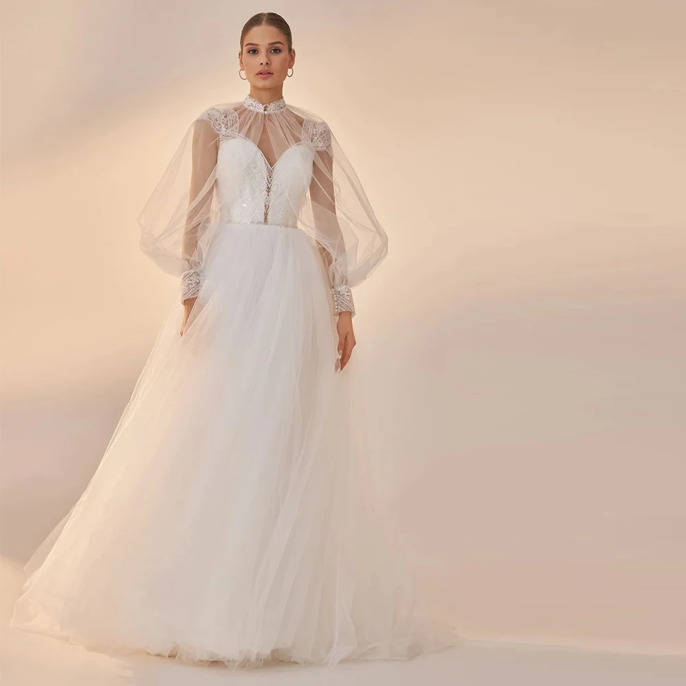 Maßgeschneidertes Brautkleid mit Perlenapplikationen und Jacke, Ballkleid mit Flügelärmeln, Brautkleid aus bauschigem Tüll, Vestidos de Novia