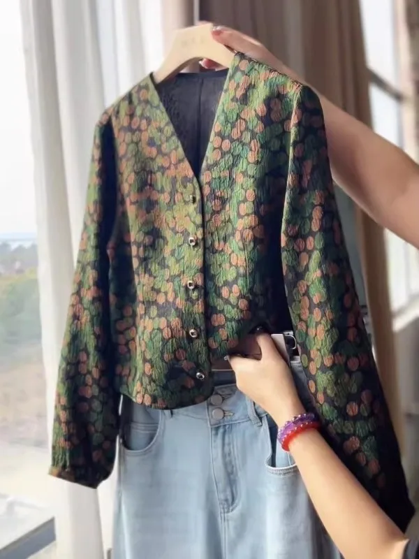 

Floral Print Loose Long Sve ort Jaet Women's Faionable Vintage Spring Autumn Top Polyester Fiber Commute Sle