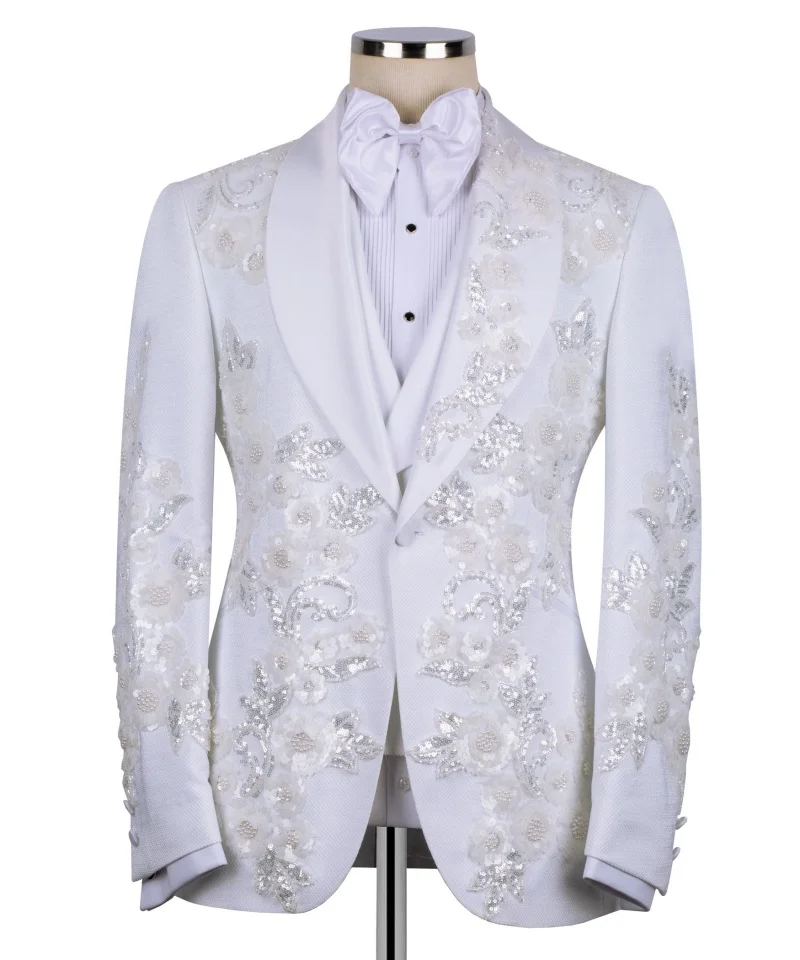 

Trajes para hombre White Wedding Groom Tuxedo with Sequins Appliques 3pcs Blazer Vest Pants Formal Party Suits for Men