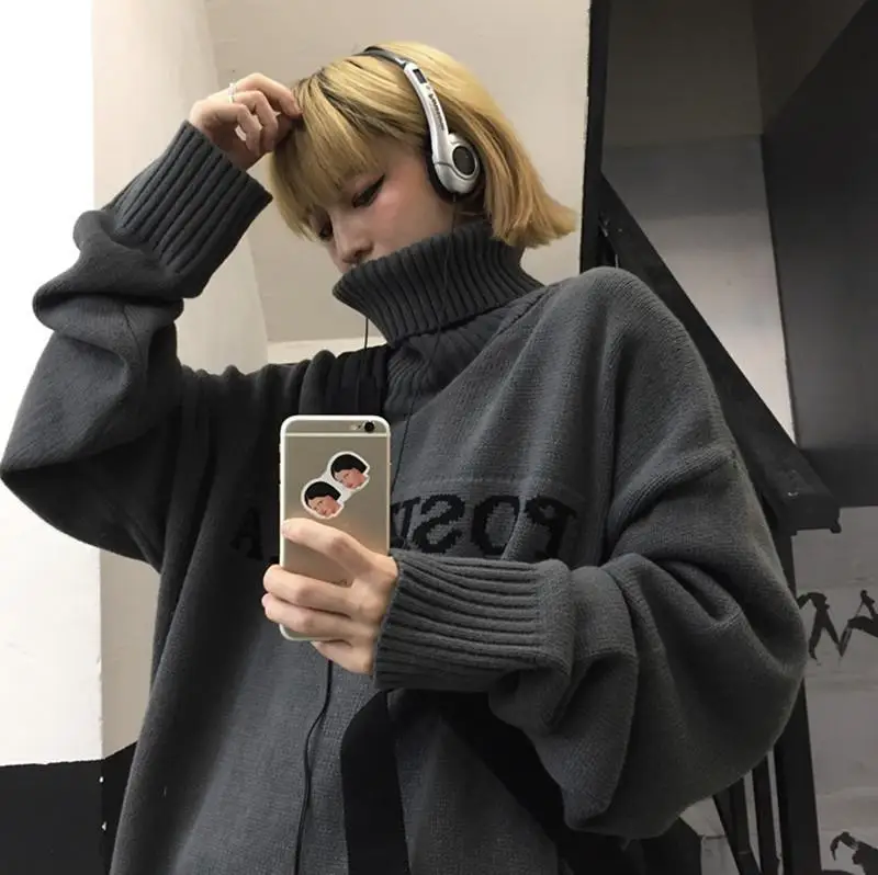 

Turtleneck Sweater Fall Winter Korean Retro Letters Turtleneck Sweater Pullover Sweater Men Women Trend Hip Hop Streetwear