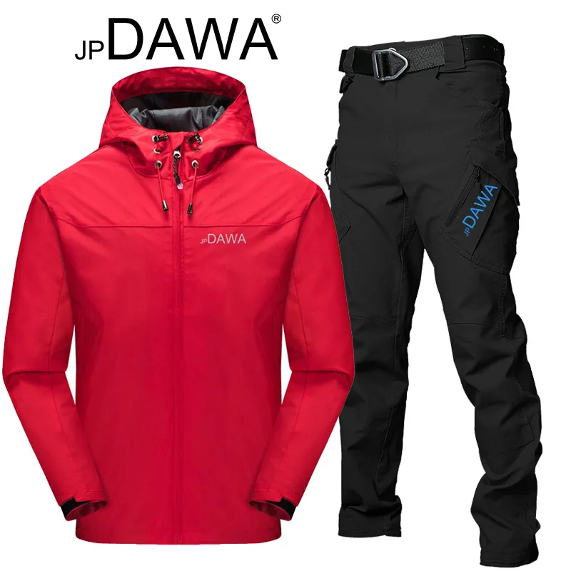 jp Dawa windproof and waterproof fishing suit set men's spring and autumn tactical pants hooded mountaineering windbreaker 2024